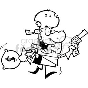 Cartoon image of a cowboy-like thief running with a gun and a bag of money, looking mischievous and wild.