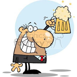 The clipart image shows a cartoon character holding a large, frothy mug of beer. The character appears to be in a joyful mood, with a wide smile and prominent cheekbones, and is raising the mug as if to make a toast. The style is exaggerated and whimsical, with the character's oversized nose and grinning mouth adding to the humorous tone of the image. There is a splash of beer foam overflowing from the mug, indicating a sense of motion and festivity, alluding to an Oktoberfest celebration or a cheerful beer toast.