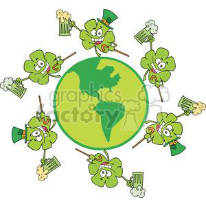 A humorous clipart image featuring cartoon shamrocks with happy faces, wearing leprechaun hats, dancing around a globe, each holding a mug of beer. The image embodies a festive St. Patrick's Day theme with green clovers and an Irish vibe.