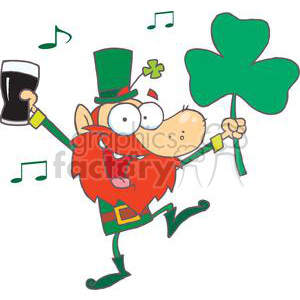 A cheerful cartoon leprechaun with a red beard, dressed in green, holding a pint of beer and a large shamrock, surrounded by musical notes.