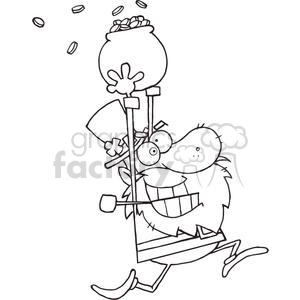 Black and white clipart of a joyful leprechaun holding a pot of gold coins.