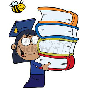 A cheerful cartoon child wearing a graduation cap, carrying a tall stack of colorful books, with a friendly bee buzzing nearby.