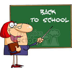 A humorous cartoon illustration of a teacher with glasses pointing at a chalkboard with the text 'Back to School'.