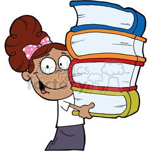 A cartoon illustration of a happy child with a stack of large books.