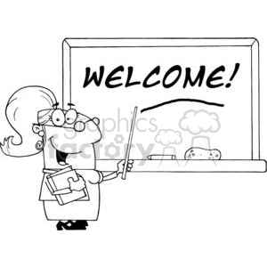 A humorous cartoon teacher holding a pointer in front of a chalkboard with 'WELCOME!' written on it.