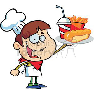 A cheerful cartoon boy dressed as a chef, holding a tray with a hot dog, fries, and a drink.