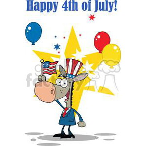 A humorous illustration of a donkey wearing an Uncle Sam top hat and holding an American flag, celebrating the 4th of July with colorful balloons and stars.