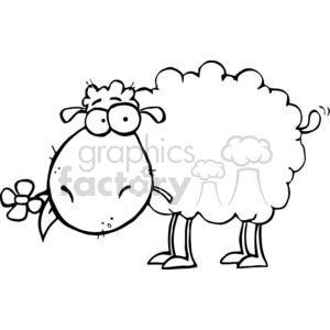 The image is a black and white line drawing of a cartoon sheep. The sheep looks quirky and cute, with a fluffy body, a tuft of hair on top of its head, and glasses. It’s holding a flower in its mouth.