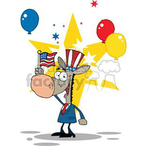 Cartoon donkey wearing an Uncle Sam top hat and holding an American flag, with colorful balloons and stars in the background, symbolizing U.S. politics and Fourth of July celebrations.