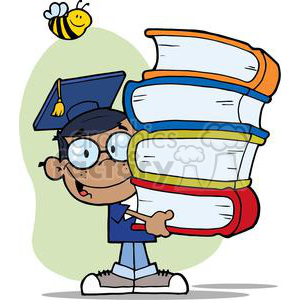 A cartoon illustration of a kid wearing glasses and a graduation cap, holding a stack of large books. There is a small bee hovering above.