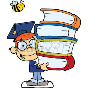 A cartoon child with glasses and a graduation cap holding a stack of large books, accompanied by a smiling bee.