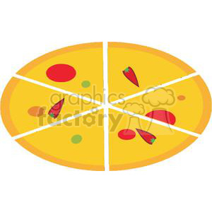 A clipart image of a sliced pizza with toppings such as pepperoni, green pepper, red chili pepper, and sausage.