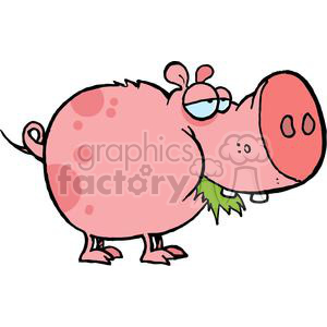  This is a colorful clipart image of a cartoon pig. The pig is pink with spots, has a tuft of hair on its head, and is chubby, with a large round body. It
