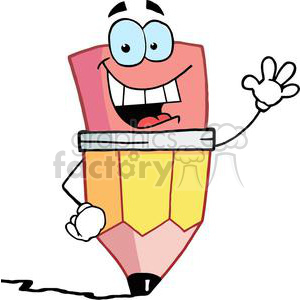   The image depicts an anthropomorphized pencil with a face, arms, and legs. It has a comical expression with wide eyes and a big smile, waving happily. The pencil looks like it