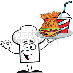   Cartoon Chefs Hat Character Holder Plate Of Hamburger And French Fries 
