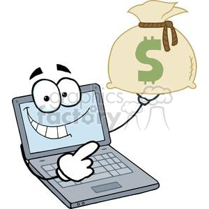 A cartoon laptop with a smiling face, holding a large money bag with a dollar sign.