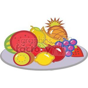 This is a colorful clipart image featuring an assortment of fruits arranged on a plate. Visible fruits include a sliced watermelon, bananas, grapes, a whole pineapple, some apples, and lemon slices.