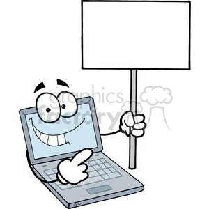 A smiling laptop cartoon character holding a blank sign.