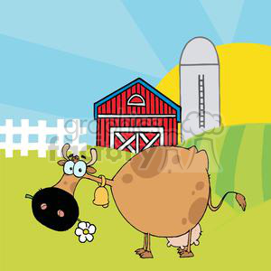 This clipart image depicts a cartoon farm scene with a whimsically drawn cow in the foreground, holding a bell. Behind the cow is a classic red barn with white trim and white X-style doors, and to the right of the barn is a tall, gray silo. There's a white fence on the left and rolling green hills under a blue sky in the background.