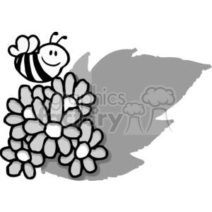 A black and white clipart image depicting a smiling bee hovering over a cluster of flowers with a large leaf shadow in the background.