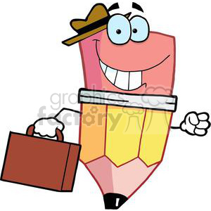 The clipart image features an anthropomorphic pencil character. This pencil character has a smiling face, blue eyes, and is wearing a brown hat. The pencil is holding a brown briefcase in one hand and appears to be walking or gesturing with the other hand.