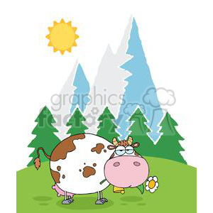 This clipart image depicts a comical illustration of a white cow with brown spots standing in a lush green field with a flower in its mouth. The cow is depicted with a funny expression and a flower behind its ear, adding to the comical aspect. In the background, there are stylized representations of a bright yellow sun, coniferous trees, and blue mountains with white snow-capped peaks.