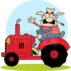 A comical cartoon farmer driving a red tractor, wearing a straw hat and overalls, with a cheerful expression and waving.