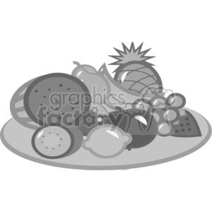   The image is a grayscale clipart depiction of a collection of various fruits. There