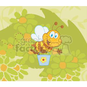 A cheerful cartoon bee holding a blue bucket with a flower, surrounded by large green and yellow flowers in a vibrant background.