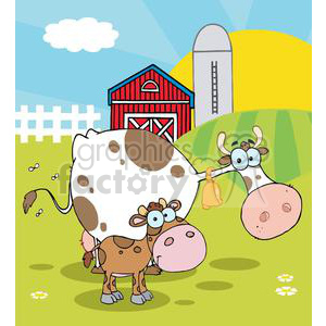 The clipart image depicts a humorous farm scene with two cows. A large, spotted adult cow is standing on the left, with a comic expression. In front of this cow, there is a baby cow (calf), with a surprised and somewhat confused look, staring upwards with big eyes directly at the viewer. The adult cow has a bell around its neck. In the background, there is a classic red barn with white trim, a white fence, and a silo. The setting feels cheerful and sunny, with rolling green hills under a light blue sky with one puffy white cloud.