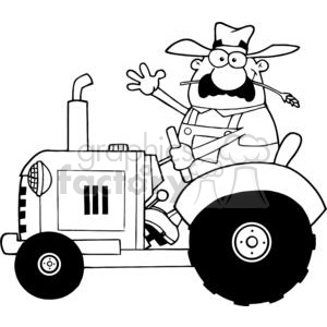 A comical cartoon depiction of a farmer riding a tractor. The farmer is cheerful and wears a hat, with a piece of straw in his mouth, waving as he drives.