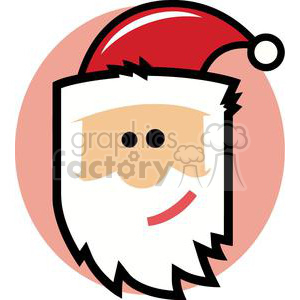 A comical and minimalistic clipart image of Santa Claus' face with a red hat and a white beard on a light red background.