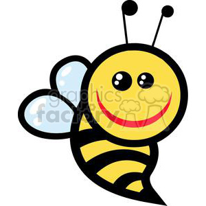 A cheerful cartoon bee with a big smile and large eyes, featuring black and yellow stripes and light blue wings.