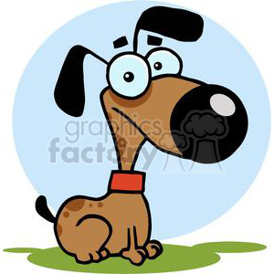 The image shows a comical cartoon dog. It has exaggerated, large googly eyes, a big black nose, a floppy black ear, and a stark contrast of a very small ear. The dog is brown with darker brown spots and is wearing a red collar. There's a simple blue background with a green base that looks like grass, emphasizing that the dog is sitting outdoors.