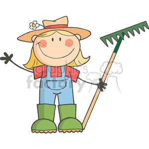 A comical cartoon of a smiling farmer holding a rake, wearing a hat with a flower, red shirt, blue overalls, and green boots.