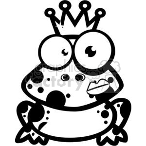 This clipart image features a whimsical, comical frog. The frog has exaggerated large eyes, a visible smiling mouth, and a regal crown on its head, giving it a humorous and playful appearance. The style is simple, using bold black-and-white outlines, which are characteristic of traditional clipart.