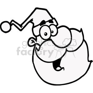 Black and white clipart of a comical Santa Claus with exaggerated facial features, wearing a hat.