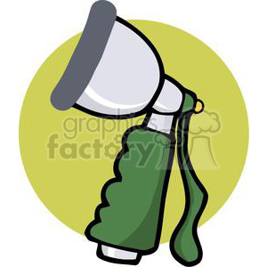 Clipart image of a green garden hose nozzle with a gray spray head and green handle against a yellow circular background.