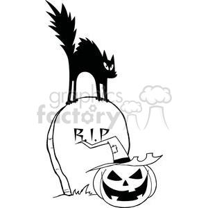 Black cat on a gravestone with a jack-o-lantern