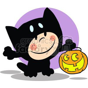   The image is a colorful and whimsical clipart illustration of a happy character dressed in a black cat costume, complete with ears and a tail, holding a smiling orange pumpkin-shaped basket with a carved face, which resembles a Halloween jack-o