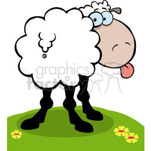   The image features a cartoonish, comical sheep with a fluffy white body and a tan face. One eye is visible, with pronounced blue eyeglasses and a humorous expression, characterized by a raised eyebrow. The sheep
