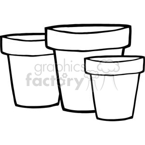 A black and white clipart image of three flower pots in different sizes, arranged next to each other.
