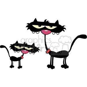 The image depicts three comical cartoon cats. Each cat has exaggerated features such as large, expressive eyes with heavy eyelids, large pink noses, and long black whiskers. They also have distinct, long tails and are wearing red collars. Two of the cats appear to be standing on their hind legs, while the third one is on all fours. The outlines are bold and the colors used for the illustration are primarily black for the bodies, with accents of pink for the noses and tongues, as well as yellow for the eyes.