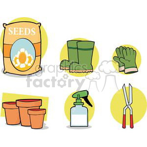 This clipart image features various gardening tools and supplies, including a bag of seeds, green gardening boots, green gardening gloves, three orange flower pots, a spray bottle, and a pair of hedge shears.