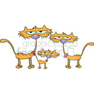 The clipart image features three cartoon cats connected by their long bodies. They have exaggerated, funny facial expressions with large, tired-looking eyes. Each cat displays a different eye color (blue, green, and red). One cat has a red collar, another has a red collar with a pink flower, and the last one sports no collar at all. Their bodies are orange with darker orange stripes, and they all seem quite disheveled, adding to the comical nature of the image.