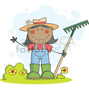 A comical and cheerful cartoon illustration of a farmer holding a rake, wearing overalls, boots, and a straw hat, surrounded by flowers.