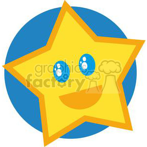 Clipart image of a smiling yellow star with blue eyes against a blue circle background.