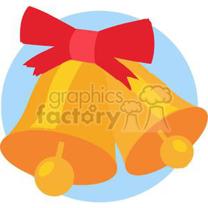 A humorous and colorful clipart image of two gold Christmas bells with a red bow on a blue background.