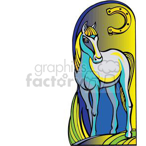 Colorful clipart of a horse with a horseshoe, representing the Chinese Zodiac sign for the Horse. The background features gradient shades of blue and yellow.