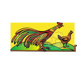 Colorful clipart illustration of a rooster and a hen standing on green hills with a bright yellow background, representing the Chinese zodiac sign Rooster.